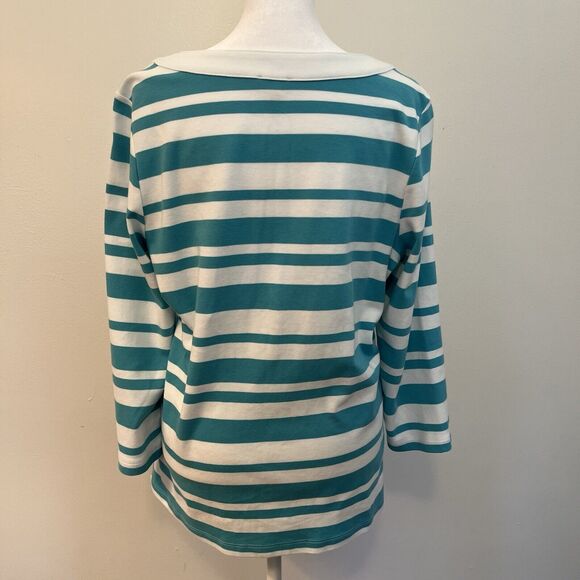 Talbots Teal Blue White Striped Henley Button Shirt Top Tunic Large Pima Cotton - Picture 3 of 4